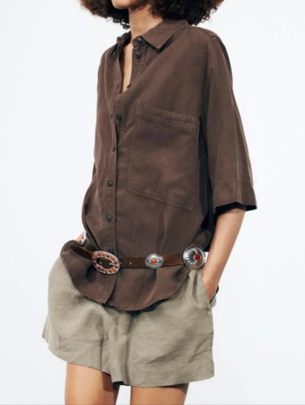 Zara Boho Western Concho Belt Brown Faux Leather Red Cabochon Size 32 FREE GIFT